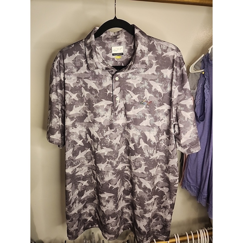 Greg Norman Polo Shirt Play Dry Men's LARGE Light And Dark Gray Shark Pattern